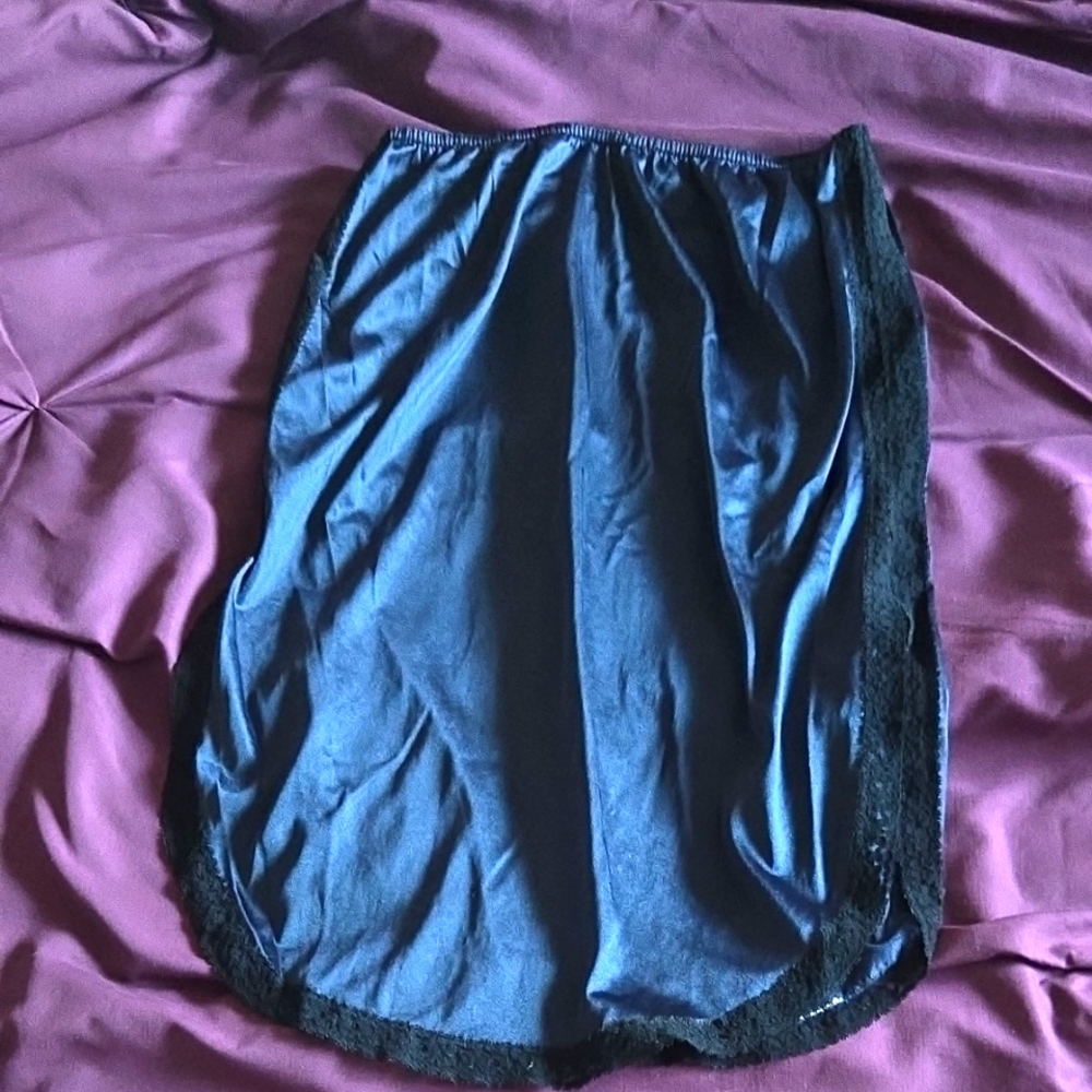 Blue Slip Skirt with Black Lace Trim